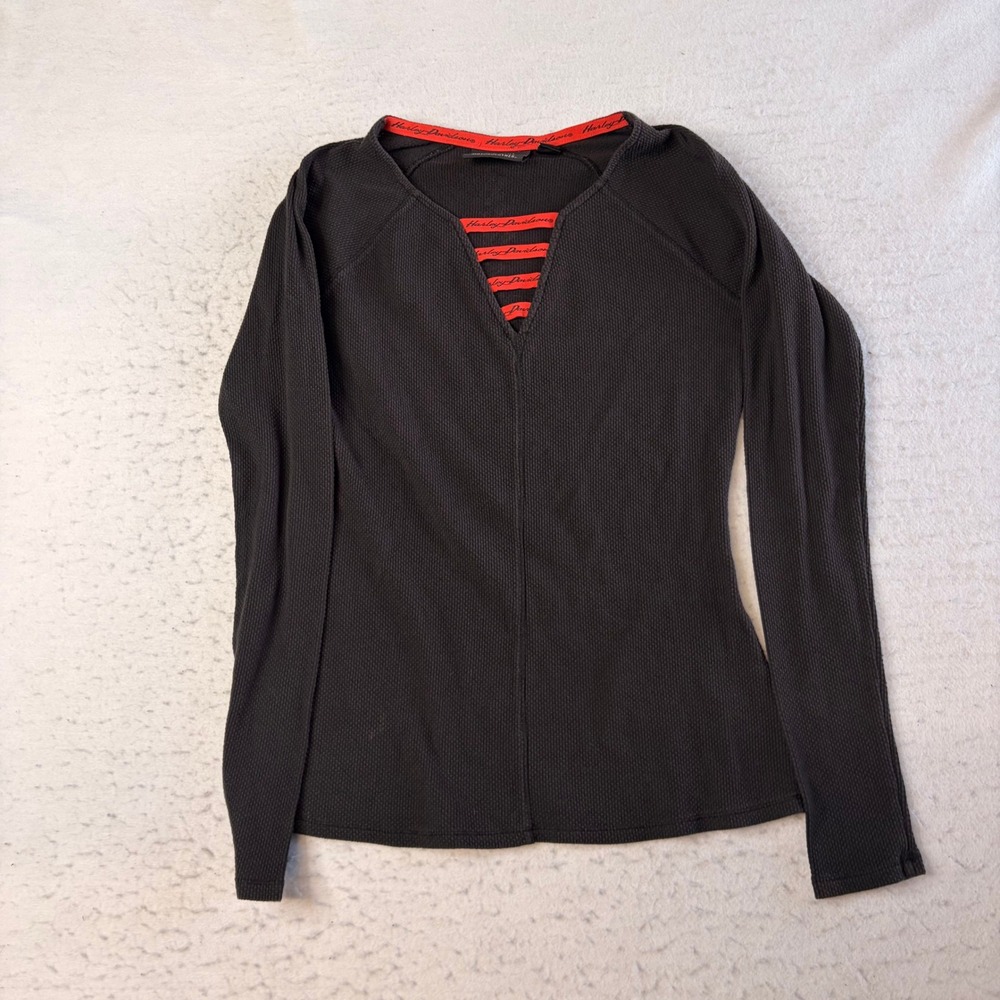 Harley-Davidson Waffle Knit Top Womens Medium Black Long Sleeve Strappy V-Neck